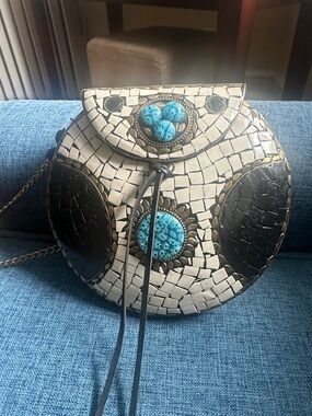 Sam Edelman White, Black & Turquoise Mosaic Round Crossbody Bag